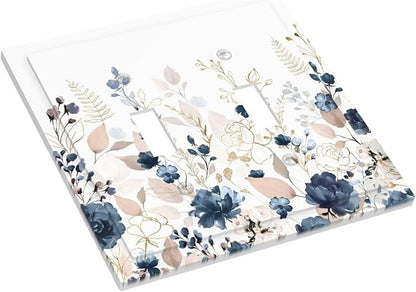 Blue Flora Boho Vintage Flower Golden Leaves Decorative Switch Plates 2 Gang Double Toggle Outlet Light Switch Cover Wall Plate Electrical Faceplate for Bedroom Living Room Decor