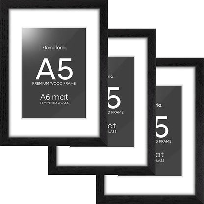 Homeforia A5 Picture Frame Black Wood, High-End Oak 5.8x8.3 Frame Matted to 4.1x5.8 inch Photo, A5 Size Walnut Wooden Frames with Mat A6 for Print, 5.8 by 8.3 Frame, Tempered Glass, Wall Kit, Set of 3
