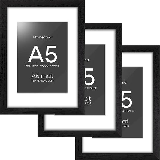 Homeforia A5 Picture Frame Black Wood, High-End Oak 5.8x8.3 Frame Matted to 4.1x5.8 inch Photo, A5 Size Walnut Wooden Frames with Mat A6 for Print, 5.8 by 8.3 Frame, Tempered Glass, Wall Kit, Set of 3