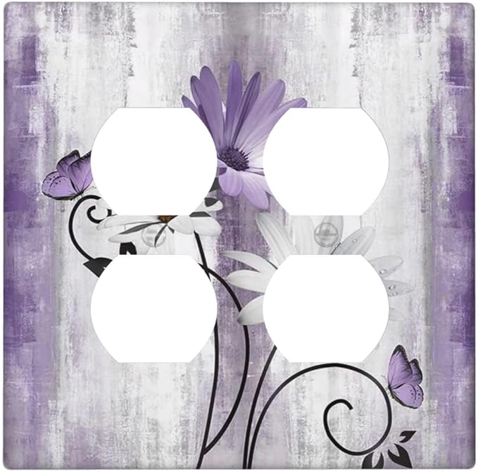 Decorative Outlet Covers Rustic Purple Daisy Grey Flowers 2 Gang Wall Plate Cover Double Duplex Receptacle Two Switch Light Switch Cover Plate Jumbo Dual Faceplate for Home Decor