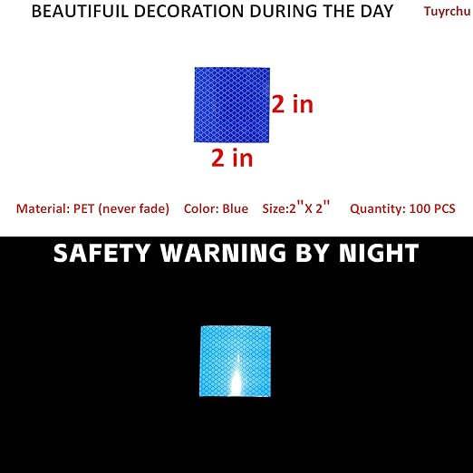 Non Fading Blue Reflective Stickers 2 inch X 2 inch, Outdoor Waterproof High Visibility Warning Safety Adhesive Reflector Tape (100 Pcs)