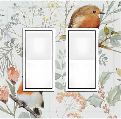 Decorative Outlet Covers Red Floral Berries Colorful Bird Plant 2 Gang Double Gfci Rocker Electrical Wall Panels Light Switch Cover Plate For Bed Room Living Room Decor