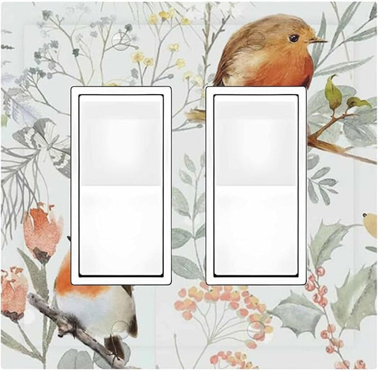 Decorative Outlet Covers Red Floral Berries Colorful Bird Plant 2 Gang Double Gfci Rocker Electrical Wall Panels Light Switch Cover Plate For Bed Room Living Room Decor
