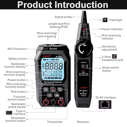NF-8509 Network Cable Tester (with Multimeter Tester), POE/RJ45 RJ11 CAT5 CAT6 LAN/Ethernet Port Flashing, Anti-Interference TDR Network Tester/NCV Anti-Burnout AC DC Voltmeter Network Tool