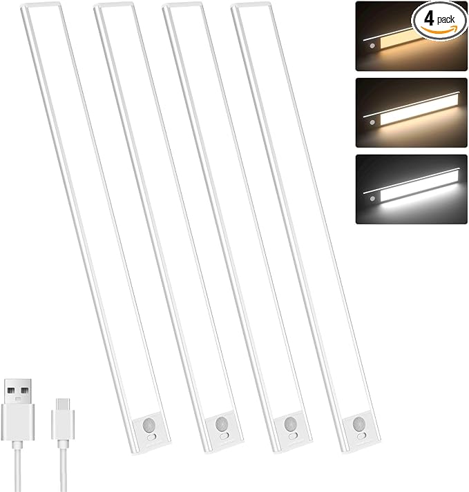 Motion Sensor Under Cabinet Lighting-Magnetic Rechargeable Closet Lights for Kitchen,Stairs,Wardrobe | 3-Color Dimmable LED Under Counter Lighting | Pro Battery Upgrade (16inch-4Pack)