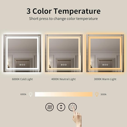 WTTY LED Bathroom Mirror 32"x32" with Backlit and Front Light,Stepless Dimmable LED Mirror for Bathroom,Anti-Fog Lighted Bathroom Vanity Mirror Modern for Wall,Memory Function,Shatter-Proof