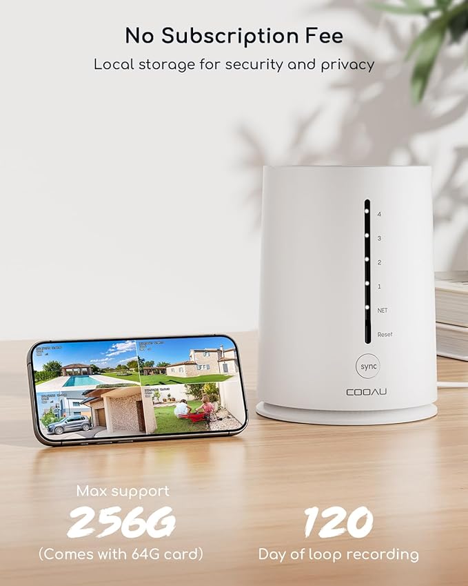 COOAU 4MP Cameras for Home Security, Solar Security Camera Wireless Outdoor System,4 Cam-Kit,360° Pan & Tilt,Color Night Vision,Motion Detection,No Monthly Fee,Siren Alarm,IP66,64GB Memory Card