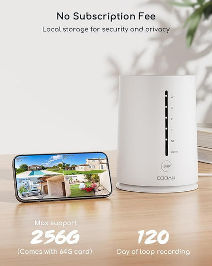 COOAU 4MP Cameras for Home Security, Solar Security Camera Wireless Outdoor System,4 Cam-Kit,360° Pan & Tilt,Color Night Vision,Motion Detection,No Monthly Fee,Siren Alarm,IP66,64GB Memory Card