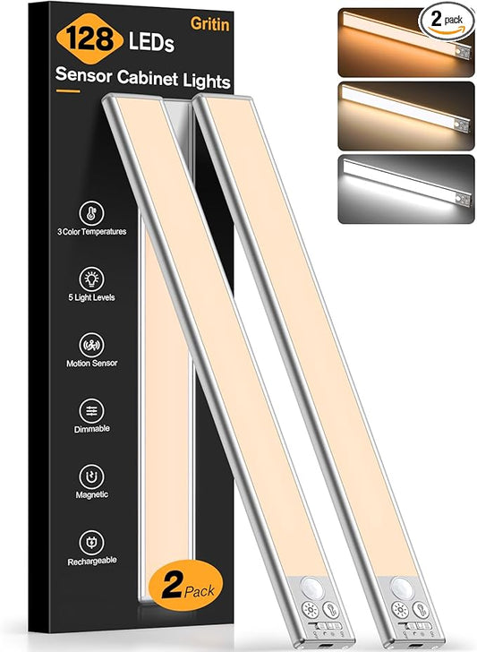 Gritin 14.7inch Under Cabinet Lighting Rechargeable - 128 LED Super Bright, 3-Color&5 Level Brightness, 4 Modes, Motion Sensor, Long Lasting-Easy Installation Magnetic Closet Lights - 2 Pack-Silver