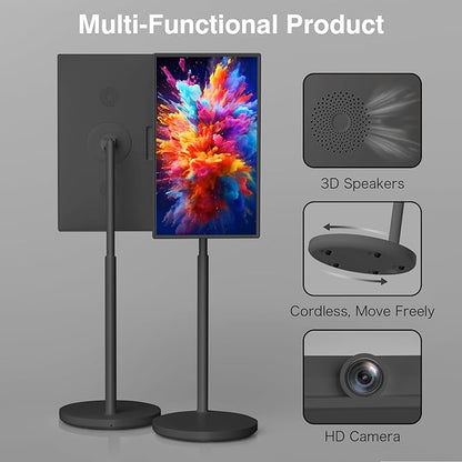 Portable Smart Screen On Wheels, 4K Touchscreen Display, Build-in 4K Camera, Rolling TV Android 13 OS, Built-in Battery (5-8H), Remote Control, 8+128GB Storage (Black/32 inches Ultra)