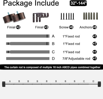 Adjustable Curtain Rods-18 to 144 Inches,1 Inch Modern Metal Drapery Rods, Adjustable Heavy Duty Curtain Pole with Simple End Caps