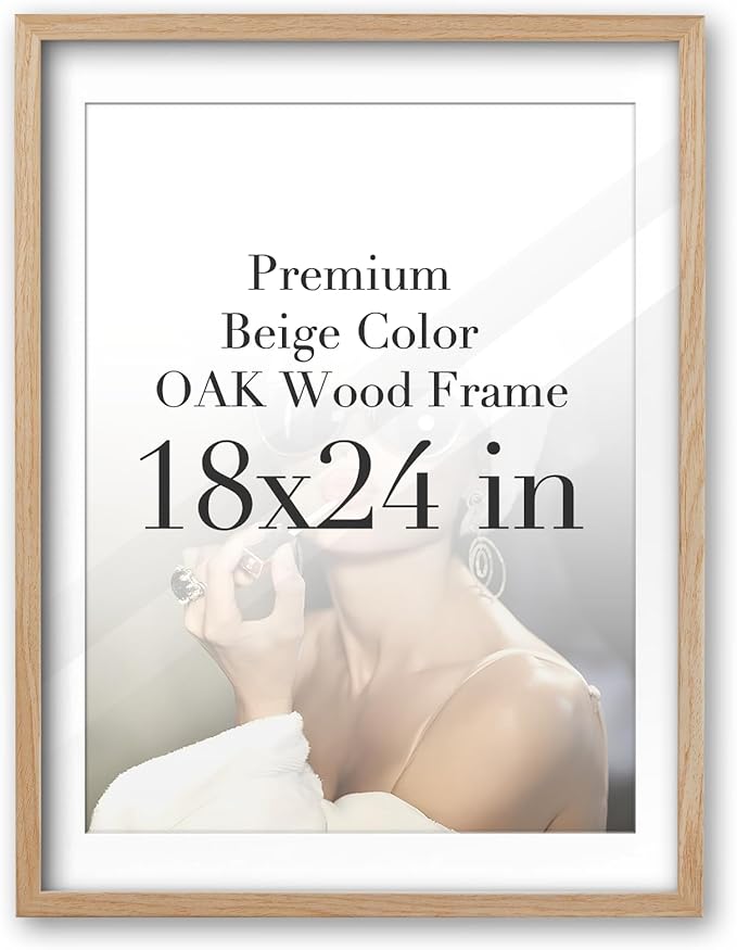 iHery Standard 18x24in Premium Truly Natural OAK Wood Beige Color Picture Frame with 2 Mats (16x20,18x24), Acrylic Glass Thickened Backboard, Minimalist Photo Frames Narrow Border Set of 1