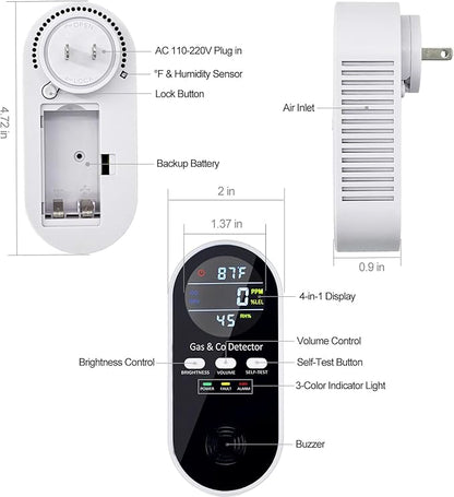 5-in-1 Upgraded Plug in Carbon Monoxide Detector and Natural Gas Detector, KH Alert Portable Carbon Monoxide Detector & Gas Leak Detector with 9V Battery Backup, CO Detector with ℉ & Humidity for Home