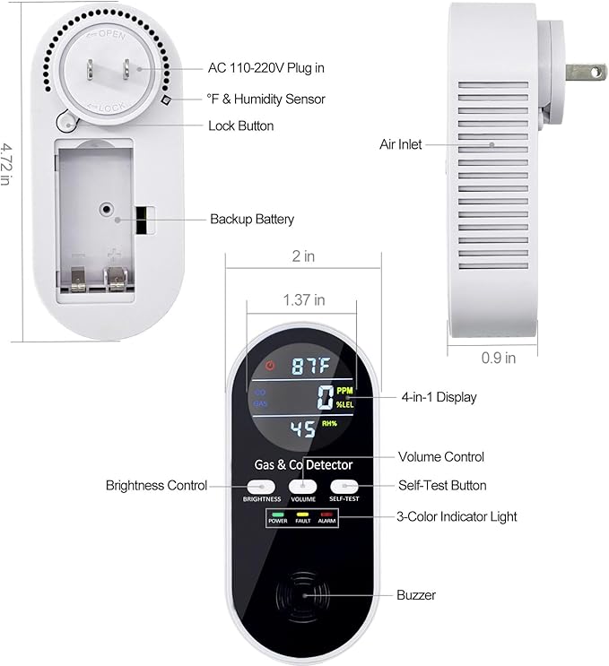 5-in-1 Upgraded Gas & Carbon Monoxide Detectors Plug in, Combination Natural Gas Detector and Carbon Monoxide Detector with ℉, Humidity and Sound, Brightness Control, Holds 9V Battery (not Included)