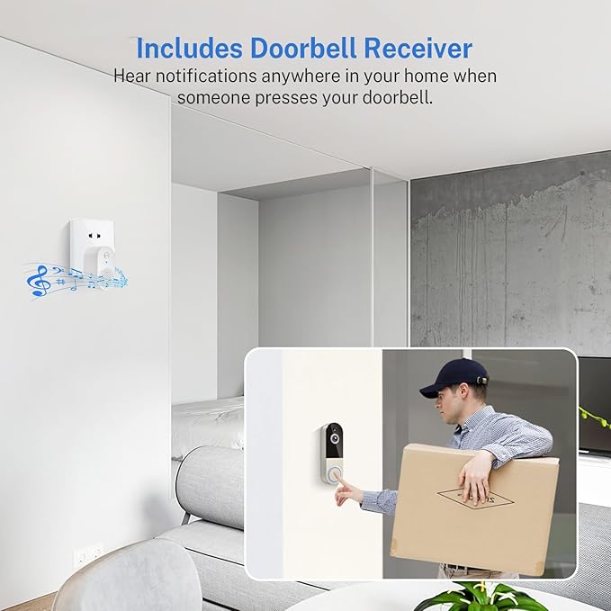 WiFi Video Doorbell Camera with Human Detection, Battery Powered, Night Vision, 2-Way Talk, 2.4G WiFi, Cloud Storage