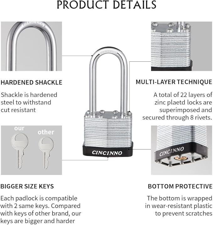 Laminated Steel Padlock with Key，6 Pack Keyed Alike Padlocks with Long Shackle