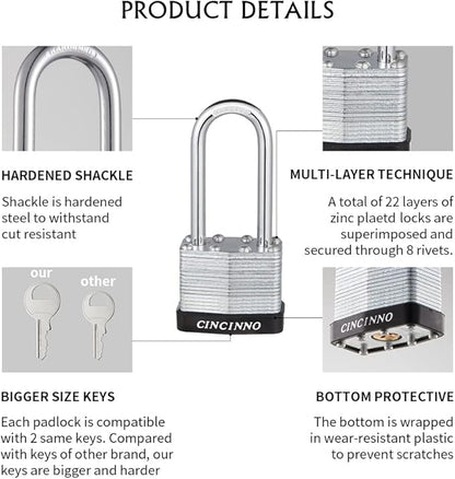 Laminated Steel Padlock with Key，6 Pack Keyed Alike Padlocks with Long Shackle
