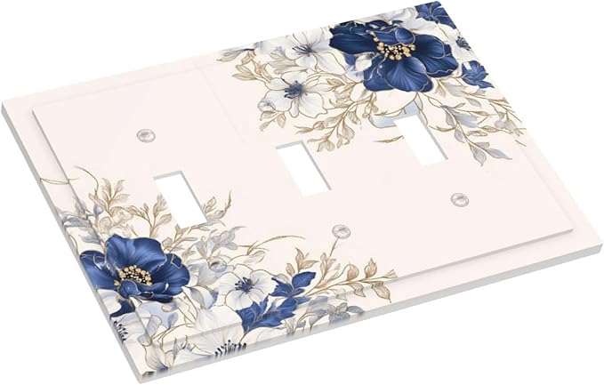 Decorative Light Switch Cover Plate Rustic Blue White Flowers Floral Penoy 3 Gang Wall Plate Oversized Triple Toggle Switch Cover Plate Jumbo Face Plate for Bedroom Decor