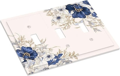 Decorative Light Switch Cover Plate Rustic Blue White Flowers Floral Penoy 3 Gang Wall Plate Oversized Triple Toggle Switch Cover Plate Jumbo Face Plate for Bedroom Decor