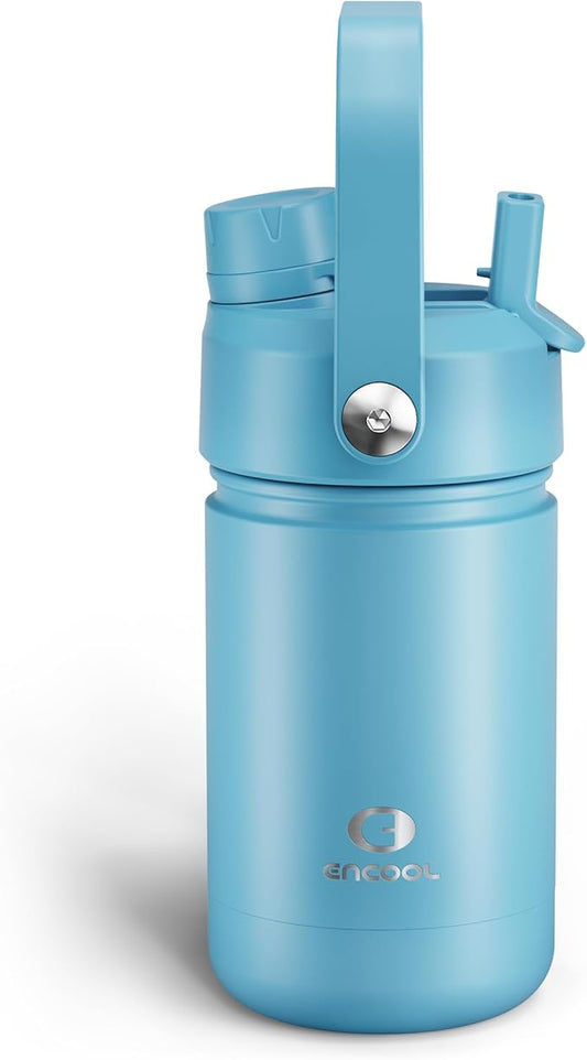 Kids Insualated Water Bottle with Straw - 12oz Stainless Steel Water Bottle with Dual Spouts, Leak-Proof, BPA-Free, Double Wall Vacuum Keeps Cold for 24 Hours for Sports, Travel, School (Pewter Blue)