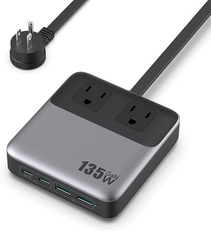 USB C Charger Block,135W GaN Fast Charging Station Hub,6-in-1 USB C Power Strip with 5ft Cord,2 AC & 2 USB A & C,PD 65W Laptop Charger for MacBook Air/Pro,iPhone16/15,Galaxy S24 etc