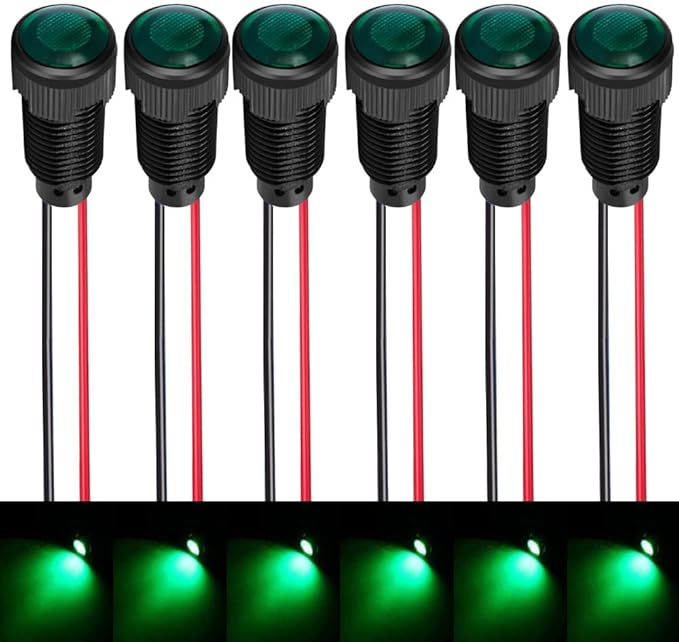 6pcs Green LED Indicator Pilot Light AC/DC 12-24V Mounting Hole Size 10mm(Flame Retardant Plastic Shell)