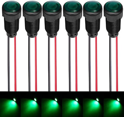 6pcs Green LED Indicator Pilot Light AC/DC 12-24V Mounting Hole Size 10mm(Flame Retardant Plastic Shell)