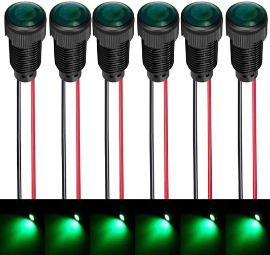 6pcs Green LED Indicator Pilot Light AC/DC 12-24V Mounting Hole Size 10mm(Flame Retardant Plastic Shell)