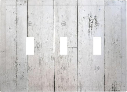Rustic White Grey Wood Grain Decorative Switch Plates 3 Gang Wall Plate Triple Toggle Light Switch Cover Electrical Wall Panels Faceplate for Bedroom Bathroom Decor
