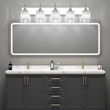 Ralbay Chrome Crystal Vanity Lights 5-Lights 40'' Modern Crystal Bathroom Light Fixtures Modern Crystal Vanity Lighting Over Long Mirror Bathroom Wall Lighting Fixtures