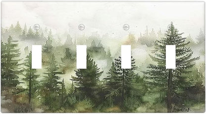 Light Switch Covers Green Forest Watercolor Painting Foggy Pine Quad Toggle Electrical Faceplate 4 Gang Wall Plate Decorative Switch Plates for Bedroom living Room Decor