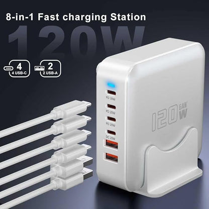 USB C Fast Charger Block, 120W 6-Port Charging Station GaN Hub Adapter, USB C Wall Multi Charger Power Strip Plug with On/Off Switch for iPad iPhone 17 16 15 14 13 12 Pro Max Galaxy S23 (White)
