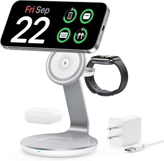 3-in-1 Charging Station Compatible with MagSafe for iPhone 17/16/15/14/13/12, Wireless Charger Stand for Apple Watch Series 11–2/SE/Ultra for AirPods Pro/4/3/2 Fast Charger with 18W Adapter