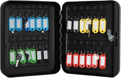Jssmst Lock Keyboxes Wall Mount Security Key Storage Box, Locking Key Cabinet Wall Mount with 24 Key Hooks & Tags Key Labels, 9.84 x 7.87 x 2.95 inches, Black Matt