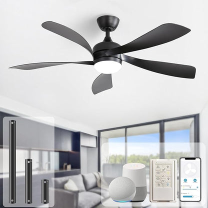Sofucor 52" Smart Ceiling Fan, Indoor/Outdoor Black Ceiling Fans with Lights and Remote, Works with Alexa/Google/App, 3-Color Light 6-Speed Timing Reversible DC Motor for Bedroom Living Room Patio