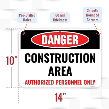 1PC Construction Signs, 14 x 10 Inches - Aluminum - Danger Area Under Construction Safety Site Signs For Jobsites - Authorized Personnel Only