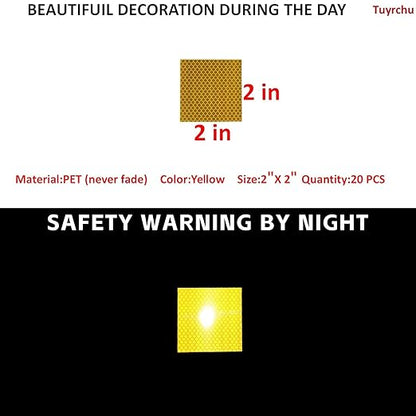 Non Fading Yellow Reflective Stickers 2 inch X 2 inch, Outdoor Waterproof High Visibility Warning Safety Adhesive Reflector Tape (20 Pcs)