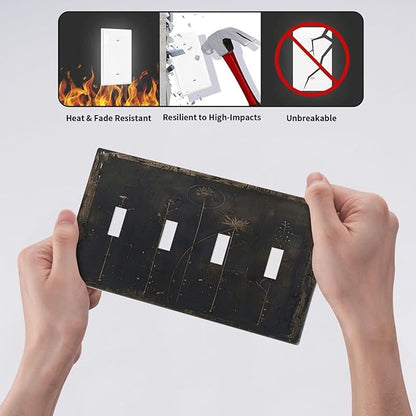 Light Switch Cover Plate Black And White Dandelion Art Vintage Wood Grain 4 Gang Quad Toggle Wall Plate Electrical Outlet Cover Decorative Switch Plate Covers for Farmhouse Cabin Decor