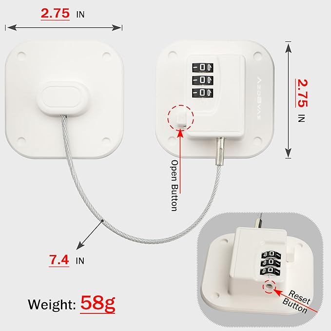 Refrigerator Lock, Heavy Duty Fridge Lock, Combination Lock for Fridge, Cabinets, Window, Drawers and Child Safety Cabinet Locks, No Drilling, Easy Install, No Keys Needed, 2 Pack, White