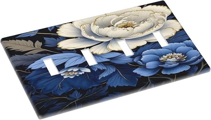 Blue White Flowers Light Switch Covers Quad Toggle 4 Gang Wall Plate Decorative Switchplate Electrical Faceplate for Farmhouse Bathroom Living Decor