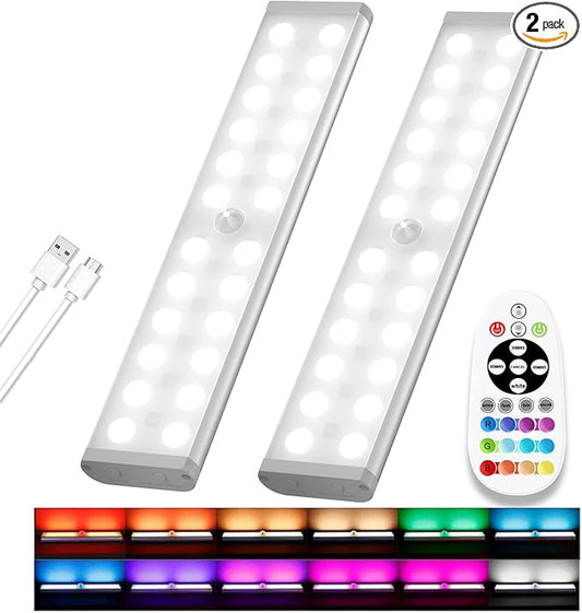 58 -LED Under Cabinet Lighting, Rechargeable RGB Motion Sensor Light Indoor Night Lights with Remote Control, 2 Pack Wireless Under Counter Lights for Kitchen, Wardrobe, Hallway, Stairs, 15 Colors