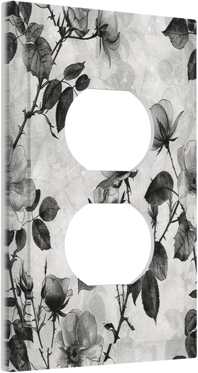 Outlet Covers Black Breezy Watercolor Garden Floral 1 Gang Duplex Wall Plate Decorative Switch Plates Electrical Receptacle Faceplate Light Switch Cover for Bedroom Home Decor