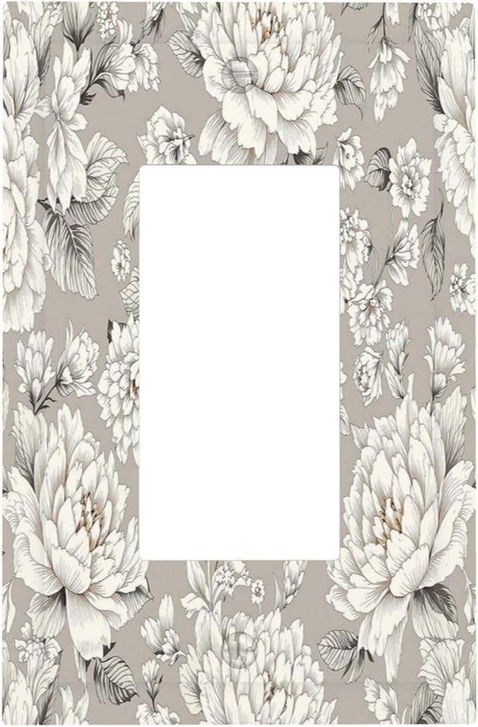 White Poppies Floral Modern Grey Peonies Flowers Decorative Outlet Covers 1 Gang Single Rocker Light Switch Cover Plate Wall Plates GFCI Faceplate for Bedroom Bathroom Decor