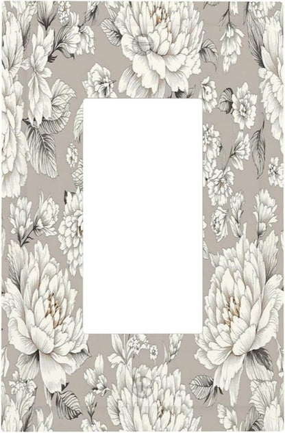 White Poppies Floral Modern Grey Peonies Flowers Decorative Outlet Covers 1 Gang Single Rocker Light Switch Cover Plate Wall Plates GFCI Faceplate for Bedroom Bathroom Decor