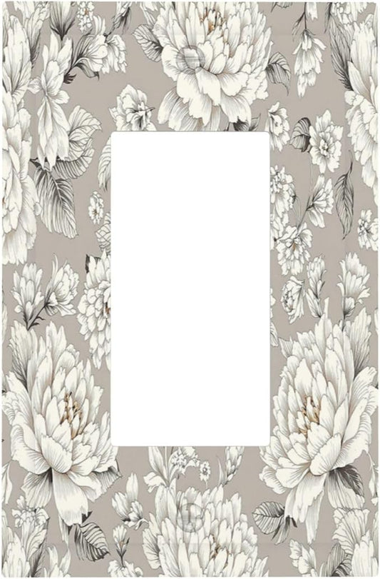 White Poppies Floral Modern Grey Peonies Flowers Decorative Outlet Covers 1 Gang Single Rocker Light Switch Cover Plate Wall Plates GFCI Faceplate for Bedroom Bathroom Decor