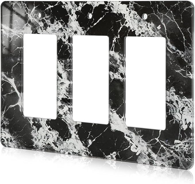 Black White Marble Pattern Acrylic Shiny Silver Wall Plate Triple Toggle Outlet Covers Decorative Switch Cover