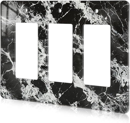 Black White Marble Pattern Acrylic Shiny Silver Wall Plate Triple Toggle Outlet Covers Decorative Switch Cover
