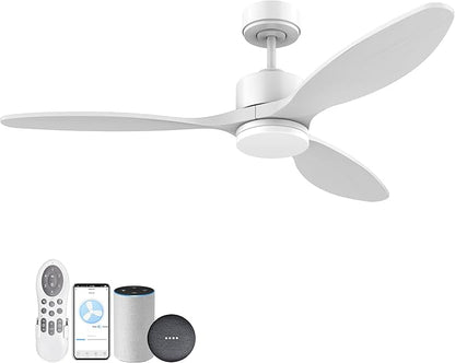 cumilo 52" Smart Wood Ceiling Fans with light and Remote,Dimmable LED Light,Quiet DC Motor,Control with Alexa Google Voice App,Outdoor Indoor Modern Ceiling Fan for Bedroom Patio,White