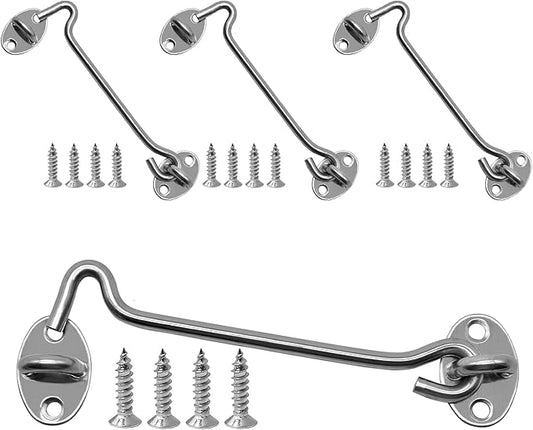 4-Pack 6Inch Door Lock Gate Latch Premium Stainless Steel Hook and Eye Gate Latch Cabin Hook with 16pcs Screws, Silver