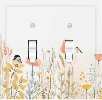 Decorative Switch Plates Colorful Floral Watercolour Cuddly Bird 2 Gang Double Toggle Outlet Light Switch Cover Wall Plate Electrical Faceplate For Bed Room Living Room Decor